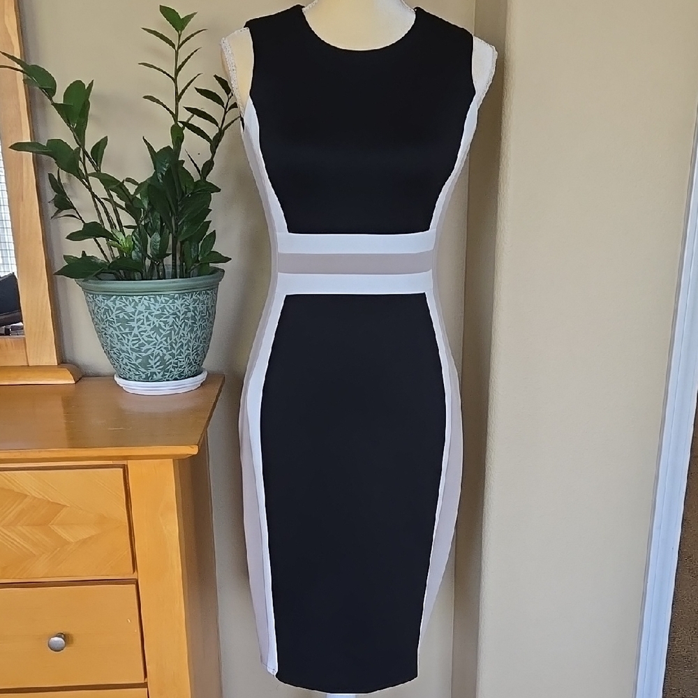 Calvin Klein Black and White Sleeveless Bodycon Midi Dress